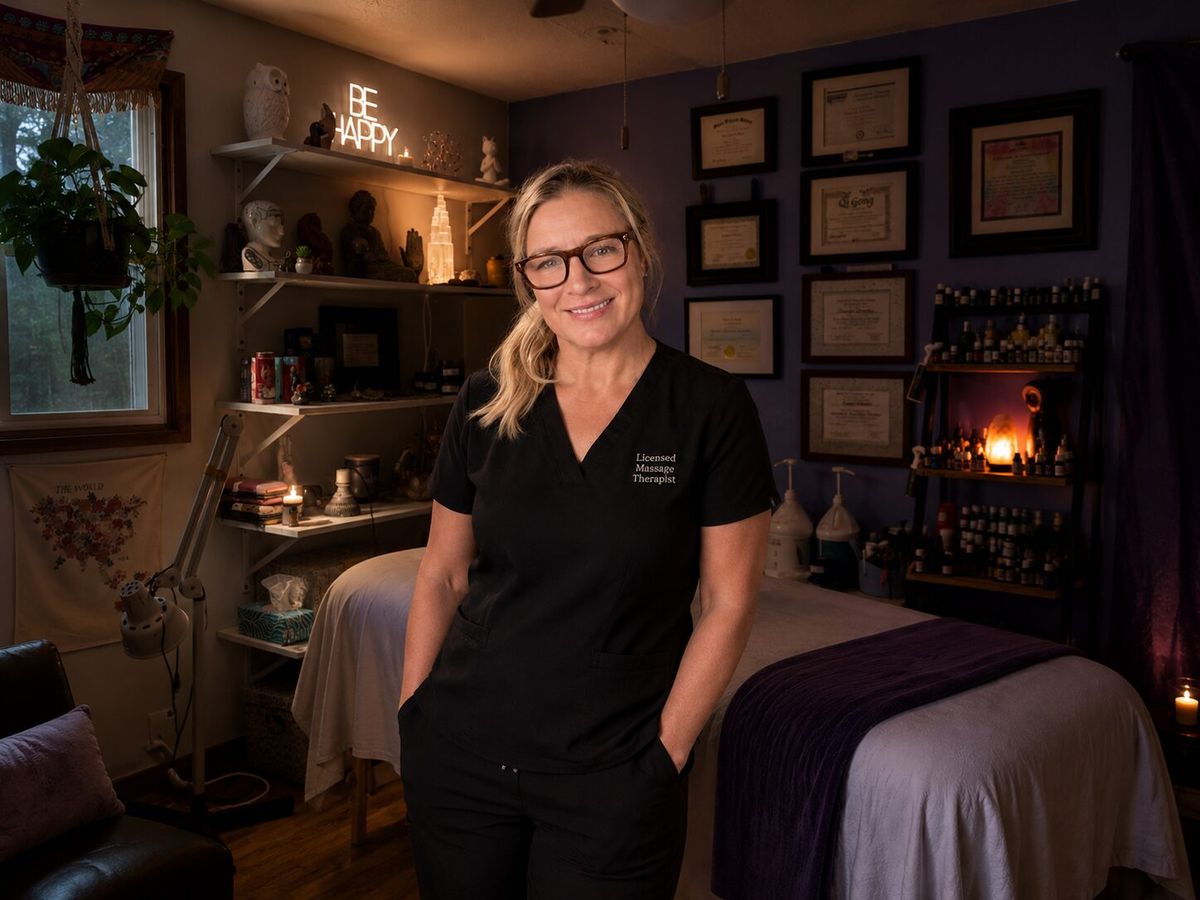 Danielle Polumbus, Licensed Massage Therapist, in her Sergeant Bluff studio